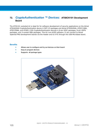 3Q2015 CRYPTO PRODUCTS BACKGROUNDR r12
105 Atmel | CRYPTO
72. CryptoAuthentication ™ Devices: AT88CK101 Development
Board
The ATCK101 socketed kit is ideal for for software development of security applications on the Atmel
ATSHA204A CryptoAuthentication device in SOT-23 packages and Atmel ATSHA204A, ATECC108A,
ATECC508A, and ATAES 132A CryptoAuthentication devices in 8-pin SOIC packages, 8-pin UDFN
packages, and 3-contact RBH packages. This kit runs ACES software. It can connect to Atmel
Xplained PRO development boards via the header and to A PC through the USB Microbase board.
Benefits
• Allows user to configure and try out devices on their board
• Easy to program devices
• Supports all package types
 