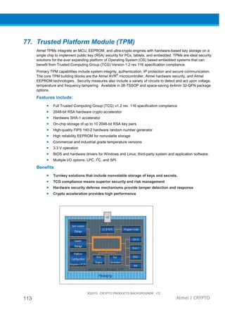 3Q2015 CRYPTO PRODUCTS BACKGROUNDR r12
113 Atmel | CRYPTO
77. Trusted Platform Module (TPM)
Atmel TPMs integrate an MCU, EEPROM, and ultra-crypto engines with hardware-based key storage on a
single chip to implement public key (RSA) security for PCs, tablets, and embedded. TPMs are ideal security
solutions for the ever expanding platform of Operating System (OS) based embedded systems that can
benefit from Trusted Computing Group (TCG) Version 1.2 rev 116 specification compliance.
Primary TPM capabilities include system integrity, authentication, IP protection and secure communication.
The core TPM building blocks are the Atmel AVR®
microcontroller, Atmel hardware security, and Atmel
EEPROM technologies. Security measures also include a variety of circuits to detect and act upon voltage,
temperature and frequency tampering. Available in 28-TSSOP and space-saving 4x4mm 32-QFN package
options.
Features include:
• Full Trusted Computing Group (TCG) v1.2 rev. 116 specification compliance
• 2048-bit RSA hardware crypto accelerator
• Hardware SHA-1 accelerator
• On-chip storage of up to 10 2048-bit RSA key pairs
• High-quality FIPS 140-2 hardware random number generator
• High reliability EEPROM for nonvolatile storage
• Commercial and industrial grade temperature versions
• 3.3 V operation
• BIOS and hardware drivers for Windows and Linux; third-party system and application software.
• Multiple I/O options: LPC, I
2
C, and SPI
Benefits
• Turnkey solutions that include nonvolatile storage of keys and secrets.
• TCG compliance means superior security and risk management
• Hardware security defense mechanisms provide tamper detection and response
• Crypto acceleration provides high performance
 