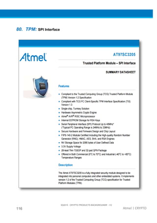 116
80. TPM: SPI Interface
3Q2015 CRYPTO PRODUCTS BACKGROUNDR r12
Interface
3Q2015 CRYPTO PRODUCTS BACKGROUNDR r12
Atmel | CRYPTO
 