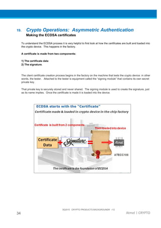 3Q2015 CRYPTO PRODUCTS BACKGROUNDR r12
34 Atmel | CRYPTO
19. Crypto Operations: Asymmetric Authentication
Making the ECDSA certificates
To understand the ECDSA process it is very helpful to first look at how the certificates are built and loaded into
the crypto device. This happens in the factory.
A certificate is made from two components:
1) The certificate data
2) The signature.
The client certificate creation process begins in the factory on the machine that tests the crypto device: in other
words, the tester. Attached to the tester is equipment called the “signing module” that contains its own secret
private key.
That private key is securely stored and never shared. The signing module is used to create the signature, just
as its name implies. Once the certificate is made it is loaded into the device.
 
