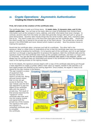 3Q2015 CRYPTO PRODUCTS BACKGROUNDR r12
35 Atmel | CRYPTO
20. Crypto Operations: Asymmetric Authentication
Creating the Client’s Certificate
First, let’s look at the creation of the certificate data.
The certificate data is made up of three items: 1) static data, 2) dynamic data, and 3) the
client’s public key. You can look at the static data as a type of boilerplate that contains basic
information such as the company’s name, address, and other information that never changes. In
contrast, dynamic data from the tester are data that generally change with each part or group of
parts being tested. Dynamic data include things like the serial number, date, time, expiration date,
and so on. The client’s public key is the third item that goes into the certificate data. Recall that
the client’s public key is paired to the private key of the client device. The private key is securely
stored in the ATECC508A and never shared (which makes it private). Now the process moves to
making the signature.
Recall that the certificate data c omprises just half of a certificate. The other half is the
signature. What is a little tricky to understand at first is that the certificate data have two purposes
when it comes to building the certificate: (1) to become part of the certificate, and (2) to get hashed
and then run through a signing algorithm to produce the signature. Both the certificate data and the
signature made from that certificate data make up the complete certificate, and that is a major point
to remember. You can see the two purposes of the certificate data clearly in the diagram, which
shows how the certificate data are assembled and stored in the certificate and then also digested and
input to the signing process on the signing module.
As for the details, the signature process begins with a copy of the certificate data being put through
a hash algorithm to create a number called a hash value (or digest). ECDSA P-256 specifies a 32
byte digest length and SHA256 as the hashing algorithm. Once created, the digest is ready to be
signed by the sign module in the factory.
The sign module is a piece
of equipment that
securely stores the
signer’s private key. Being
securely stored means
that no one can get
access to that key. The
sign module uses the ECC
sign algorithm to sign the
digest of the certificate
data with the signer’s
private key. The result of
that process becomes the
“signature” of the
certificate data that went
into the singing module
and signed with the
private key of the module.
The signature then joins
the original (i.e.
unhashed) certificate data
to complete
the certificate.
 