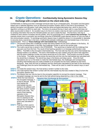 3Q2015 CRYPTO PRODUCTS BACKGROUNDR r12
52 Atmel | CRYPTO
34. Crypto Operations: Confidentiality Using Symmetric Session Key
Exchange with a crypto element on the client side only.
Confidentiality is making sure that a message cannot be seen by an unintended party. Encryption and decryption
based upon a selected algorithm such as Advanced Encryption System (AES) is how that is accomplished. To
perform encryption and decryption, both sides need the same encryption/decryption key, which is input to the
algorithm running on an MCU on each side. The trick is to produce the key in each side in a way that does not
allow anyone else to obtain it. An excellent way to do that is to create a new key for each communication session
by sending information that only the intended parties can use to create the keys. The fact that a new key is
created for each session increases security greatly, amd not surprisingly this is called session key exchange. The
example shown here is symmetric key exchange using the ATSHA204A crypto element device on only one side of
the communication session. To exchange symmetric session keys in platforms where it is not possible or desirable
to securely store a secret key in the host, a method that preloads challenges and intermediate keys in the host is
recommended. This is a “fixed challenge with intermediate key” methodology.
STEP 1: The process starts with a challenge number that being loaded into the host’s software in the factory. At
the time of authentication in the field, that challenge number is sent to the remote node.
STEP 2: The node’s secret key is stored in the ATSHA204A. This secret key is hashed with the challenge that
was sent over from the host. The result of that hashing operation is a message authentication code
(MAC). That MAC is the encryption-intermediate key. The host side has that very same intermediate key
already loaded in its software. The host’s intermediate key was created using the same hash algorithm
with the same challenge number and same secret key as on the client. That process occurred on tester
in the factory. The tester securely stores the secret key and the only the intermediate key calculated with
the stored key is released. The secret key stays in the factory and stays secret. Once the hash
calculations are run on the tester to make the intermediate keys, the challenges and corresponding
resulting intermediate keys are made available to be compiled into the host’s software by the host’s
designers. Now, both the host (in software) and the client/node (calculated by the hash of the secret key
and challenge) have the same intermediate key. These will be used to create the session keys on each
side.
STEP 3: To create the session keys, the host sends a random number to the node.
STEP 4: The node hashes that random number with the intermediate key that was created in Step 2 to form the
Encryption Session Key.
STEP 5: The session key can now be input to the encryption algorithm to encrypt the original message. That
encrypted message can now be sent to the host without being observed by a man in the middle.
STEP 6: When the host receives
the encrypted message, it
is time to decrypt. So the
host hashes the
intermediate key pre-
loaded in its software with
the same random number
it sent to the node. The
result of that hashing
operation is the
Decryption-Session Key,
and it is identical to the
session key on the Node,
which was calculated in
Step 4.
STEP 7: That key is then used to
decrypt the message that
was sent over from the
Node.
 
