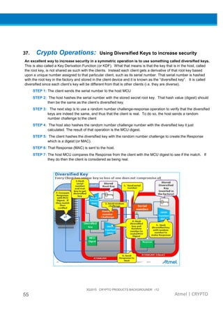 3Q2015 CRYPTO PRODUCTS BACKGROUNDR r12
55 Atmel | CRYPTO
37. Crypto Operations: Using Diversified Keys to increase security
An excellent way to increase security in a symmetric operation is to use something called diversified keys.
This is also called a Key Derivation Function (or KDF). What that means is that the key that is in the host, called
the root key, is not shared as such with the clients. Instead each client gets a derivative of that root key based
upon a unique number assigned to that particular client, such as its serial number. That serial number is hashed
with the root key in the factory and stored in the client device and it is known as the “diversified key”. It is called
diversified since each client’s key will be different from that is other clients (i.e. they are diverse).
STEP 1: The client sends the serial number to the host MCU
STEP 2: The host hashes the serial number with the stored secret root key. That hash value (digest) should
then be the same as the client’s diversified key.
STEP 3: The next step is to use a random number challenge-response operation to verify that the diversified
keys are indeed the same, and thus that the client is real. To do so, the host sends a random
number challenge to the client
STEP 4: The host also hashes the random number challenge number with the diversified key it just
calculated. The result of that operation is the MCU digest.
STEP 5: The client hashes the diversified key with the random number challenge to create the Response
which is a digest (or MAC).
STEP 6: That Response (MAC) is sent to the host.
STEP 7: The host MCU compares the Response from the client with the MCU digest to see if the match. If
they do then the client is considered as being real.
 
