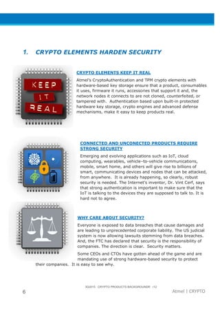 6
1. CRYPTO ELEMENTS
CRYPTO ELEMENTS KEEP IT REAL
Atmel’s
hardware
it uses, firmware it runs, accessories that support it and, the
netwo
tampered with.
hardware key storage, c
mechanisms, make it easy to keep products real.
WHY
Everyone is exposed to
are leading to
system is
And, t
companies
Some
mandating
their companies. It is easy to see why.
3Q2015 CRYPTO PRODUCTS BACKGROUNDR r12
CRYPTO ELEMENTS HARDEN SECURITY
CRYPTO ELEMENTS KEEP IT REAL
Atmel’s CryptoAuthentication and TPM crypto elements with
hardware-based key storage ensure that a product, consumables
it uses, firmware it runs, accessories that support it and, the
network nodes it connects to are not cloned
tampered with. Authentication based upon built
hardware key storage, crypto engines a
mechanisms, make it easy to keep products real.
CONNECTED AND UNCONECTED PRODUCTS REQUIRE
STRONG SECURITY
Emerging and evolving applications such as
computing, wearables, vehicle–to-vehicle communications
mobile, smart home, and others will give
smart, communicating devices and nodes that can be attacked
from anywhere. It is already happening, so c
security is needed. The Internet’s inventor
that strong authentication is important
IoT is talking to the devices they are supposed to talk to.
hard not to agree.
WHY CARE ABOUT SECURITY?
Everyone is exposed to data breaches that cause damage
are leading to unprecedented corporate liability.
system is now allowing lawsuits stemming from data breaches.
And, the FTC has declared that security is t
companies. The direction is clear. Security matters.
Some CEOs and CTOs have gotten ahead of the game and
mandating use of strong hardware-based security to protect
It is easy to see why.
3Q2015 CRYPTO PRODUCTS BACKGROUNDR r12
Atmel | CRYPTO
TY
tion and TPM crypto elements with
ensure that a product, consumables
it uses, firmware it runs, accessories that support it and, the
cloned, counterfeited, or
Authentication based upon built-in protected
engines and advanced defense
mechanisms, make it easy to keep products real.
CONNECTED AND UNCONECTED PRODUCTS REQUIRE
Emerging and evolving applications such as IoT, cloud
vehicle communications,
give rise to billions of
nodes that can be attacked,
already happening, so clearly, robust
’s inventor, Dr. Vint Cerf, says
nt to make sure that the
IoT is talking to the devices they are supposed to talk to. It is
that cause damages and
corporate liability. The US judicial
lawsuits stemming from data breaches.
he FTC has declared that security is the responsibility of
The direction is clear. Security matters.
have gotten ahead of the game and are
based security to protect
 
