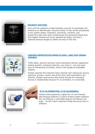 3Q2015 CRYPTO PRODUCTS BACKGROUNDR r12
7 Atmel | CRYPTO
SECURITY MATTERS
Even with the explosion of data breaches, security is surprisingly still
treated as an afterthought. Security should, in fact, be the prerequisite
of any system design. Engineers, executives, investors, and
researchers alike have been whistling past the graveyard hoping that
their digital interests will not be attacked too badly, but that is
irrational because targets to attack are easy to find now.
FINDING UNPROTECTED NODES IS EASY...AND THAT MEANS
TROUBLE
Traffic lights, security cameras, home automation devices, appliances,
heating systems, industrial networks…you name it… are now super
easy to find because of Shodan, which is the Google of embedded
systems.
Shodan searches the Internet’s back channels 24/7 looking for servers,
webcams, printers, routers and all the other stuff connected to the
Internet. Shodan alone proves that robust security for connected
devices is needed badly because if it is connected, it is vulnerable.
IF IT IS CONNECTED, IT IS VULNERABLE
Hackers steal passwords, digital IDs, IP, and financial
data because software is used to protect system software.
But, all software is vulnerable because all software has
bugs. So don’t store important things like secret keys in
software.
 