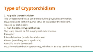 Type of Cryptorchidism
3. Palpable Cryptorchidism
The undescended testis can be felt during physical examination.
Usually located in the inguinal canal or just above the scrotum.
Treated by orchiopexy.
4. Non-Palpable Cryptorchidism
The testis cannot be felt on physical examination.
It may be:
Intra-abdominal (inside the abdomen)
Absent (vanishing testis syndrome)
Atrophic (underdeveloped)
Usually evaluated with laparoscopy, which can also be used for treatment.
 