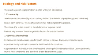 Etiology and risk Factors
The exact cause of cryptorchidism is often unknown (idiopathic).
1. Prematurity
Testicular descent normally occurs during the last 2–3 months of pregnancy (third trimester).
Babies born before 37 weeks of gestation may not complete this process.
Therefore, the testes remain in the abdomen or inguinal canal.
Prematurity is one of the strongest risk factors for cryptorchidism.
2. Genetic Abnormalities
Certain gene mutations can interfere with normal testicular development and descent.
A positive family history increases the likelihood of the condition.
Cryptorchidism may occur with chromosomal or congenital disorders such as Down syndrome,
Prader–Willi syndrome, and disorders of sex development (DSD).
 