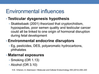 Environmental influences
• Testicular dysgenesis hypothesis
• Skakkebaek (2001) theorized that cryptorchidism,
hypospadias, poor semen quality and testicular cancer
could all be linked to one origin of hormonal disruption
during fetal development
• Environmental endocrine disruptors
• Eg, pesticides, DES, polyaromatic hydrocarbons,
phthalates
• Maternal exposures
• Smoking (OR 1.13)
• Alcohol (OR 3.10)
H.E. Virtanen, A. Adamsson / Molecular and Cellular Endocrinology 355 (2012) 208–220
 