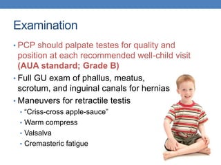 Examination
• PCP should palpate testes for quality and
position at each recommended well-child visit
(AUA standard; Grade B)
• Full GU exam of phallus, meatus,
scrotum, and inguinal canals for hernias
• Maneuvers for retractile testis
• “Criss-cross apple-sauce”
• Warm compress
• Valsalva
• Cremasteric fatigue
 