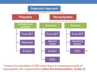 Diagnostic Approach
Palpable
Unilateral or
bilateral
True UDT
Retractile
Ectopic
Nonpalpable
Unilateral
True UDT
Absent
Testis
Ectopic
DSD
Bilateral
True UDT
Vanishing
testes
DSD
* Assess the possibility of DSD when there is increasing severity of
hypospadias with cryptorchidism (AUA Recommendation; Grade C)
*
 