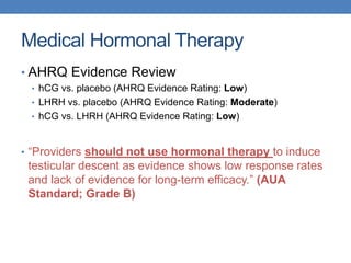 Medical Hormonal Therapy
• AHRQ Evidence Review
• hCG vs. placebo (AHRQ Evidence Rating: Low)
• LHRH vs. placebo (AHRQ Evidence Rating: Moderate)
• hCG vs. LHRH (AHRQ Evidence Rating: Low)
• “Providers should not use hormonal therapy to induce
testicular descent as evidence shows low response rates
and lack of evidence for long-term efficacy.” (AUA
Standard; Grade B)
 