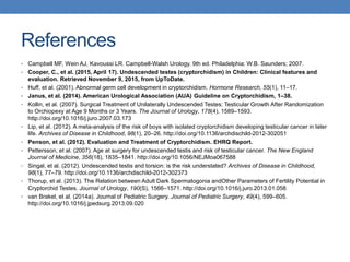 References
• Campbell MF, Wein AJ, Kavoussi LR. Campbell-Walsh Urology. 9th ed. Philadelphia: W.B. Saunders; 2007.
• Cooper, C., et al. (2015, April 17). Undescended testes (cryptorchidism) in Children: Clinical features and
evaluation. Retrieved November 9, 2015, from UpToDate.
• Huff, et al. (2001). Abnormal germ cell development in cryptorchidism. Hormone Research, 55(1), 11–17.
• Janus, et al. (2014). American Urological Association (AUA) Guideline on Cryptorchidism, 1–38.
• Kollin, et al. (2007). Surgical Treatment of Unilaterally Undescended Testes: Testicular Growth After Randomization
to Orchiopexy at Age 9 Months or 3 Years. The Journal of Urology, 178(4), 1589–1593.
http://doi.org/10.1016/j.juro.2007.03.173
• Lip, et al. (2012). A meta-analysis of the risk of boys with isolated cryptorchidism developing testicular cancer in later
life. Archives of Disease in Childhood, 98(1), 20–26. http://doi.org/10.1136/archdischild-2012-302051
• Penson, et al. (2012). Evaluation and Treatment of Cryptorchidism. EHRQ Report.
• Pettersson, et al. (2007). Age at surgery for undescended testis and risk of testicular cancer. The New England
Journal of Medicine, 356(18), 1835–1841. http://doi.org/10.1056/NEJMoa067588
• Singal, et al. (2012). Undescended testis and torsion: is the risk understated? Archives of Disease in Childhood,
98(1), 77–79. http://doi.org/10.1136/archdischild-2012-302373
• Thorup, et al. (2013). The Relation between Adult Dark Spermatogonia andOther Parameters of Fertility Potential in
Cryptorchid Testes. Journal of Urology, 190(S), 1566–1571. http://doi.org/10.1016/j.juro.2013.01.058
• van Brakel, et al. (2014a). Journal of Pediatric Surgery. Journal of Pediatric Surgery, 49(4), 599–605.
http://doi.org/10.1016/j.jpedsurg.2013.09.020
 