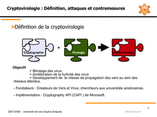 Cryptovirologie : Définition, attaques et contremesures > Définition de la cryptovirologie   Objectif     > Blindage des virus    > Amélioration de la furtivité des virus    > Developpement de  la vitesse de propagation des vers au sein des    réseaux étendus.  - Fondateurs : Créateurs de Vers et Virus, chercheurs aux universités américaines. - Implémentation : Cryptography API (CAPI ) de Microsoft. Cryptographie Virologie Virologie Cryptovirologie + 2007-2008 -  Université de nice Sophia Antipolis.   Reda Boucid 