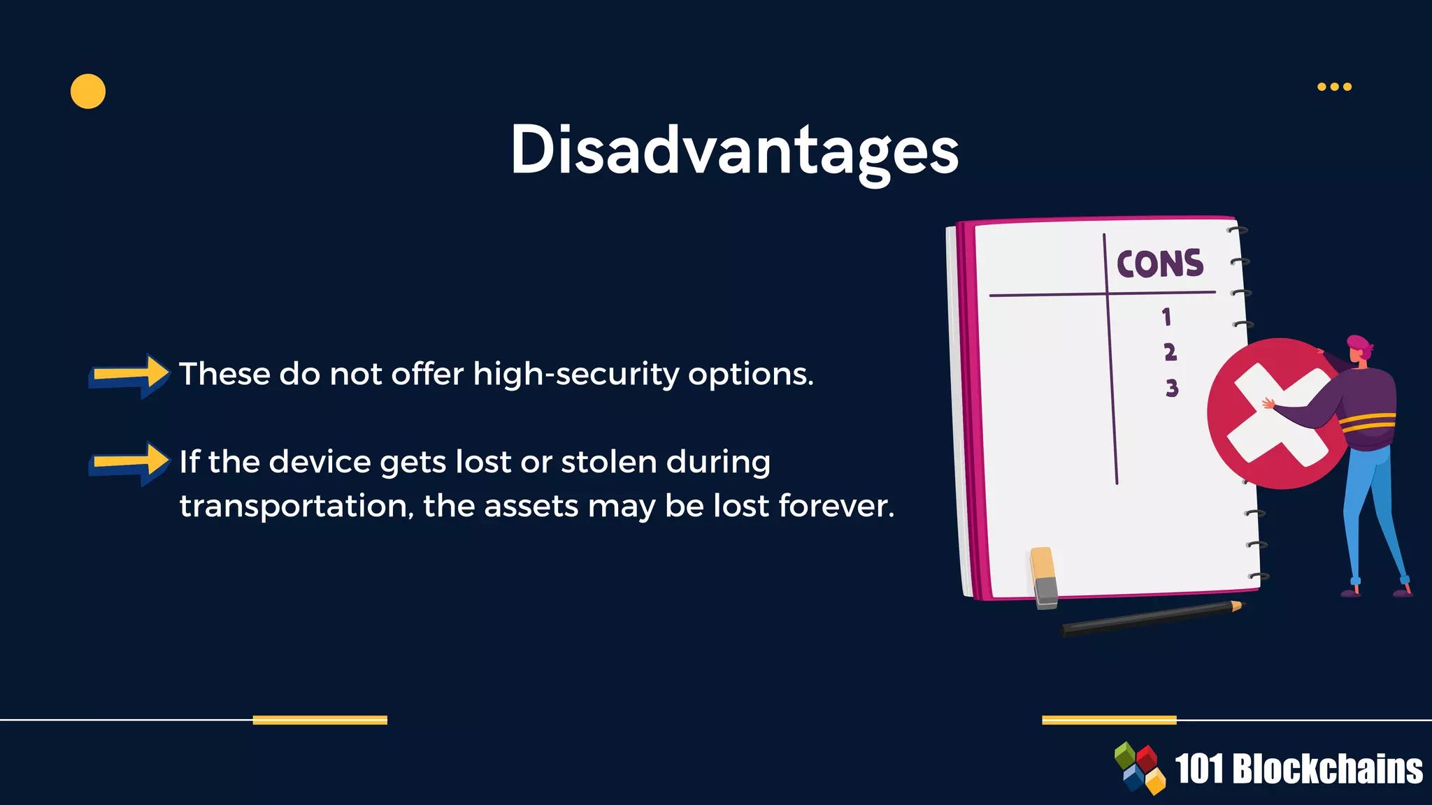 These do not offer high-security options.
If the device gets lost or stolen during
transportation, the assets may be lost forever.
Disadvantages
 