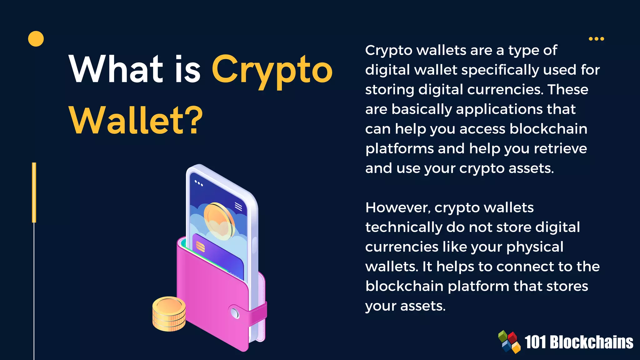 What is Crypto
Wallet?
Crypto wallets are a type of
digital wallet specifically used for
storing digital currencies. These
are basically applications that
can help you access blockchain
platforms and help you retrieve
and use your crypto assets.
However, crypto wallets
technically do not store digital
currencies like your physical
wallets. It helps to connect to the
blockchain platform that stores
your assets.
 