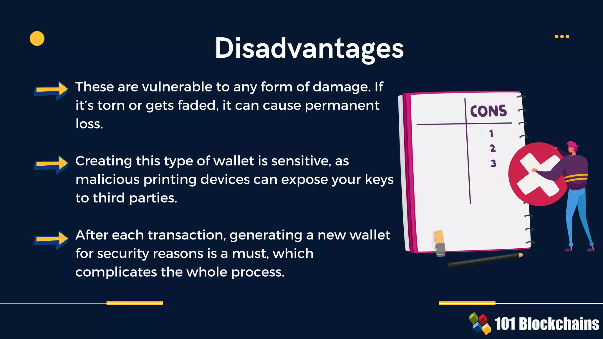 These are vulnerable to any form of damage. If
it’s torn or gets faded, it can cause permanent
loss.
Creating this type of wallet is sensitive, as
malicious printing devices can expose your keys
to third parties.
After each transaction, generating a new wallet
for security reasons is a must, which
complicates the whole process.
Disadvantages
 