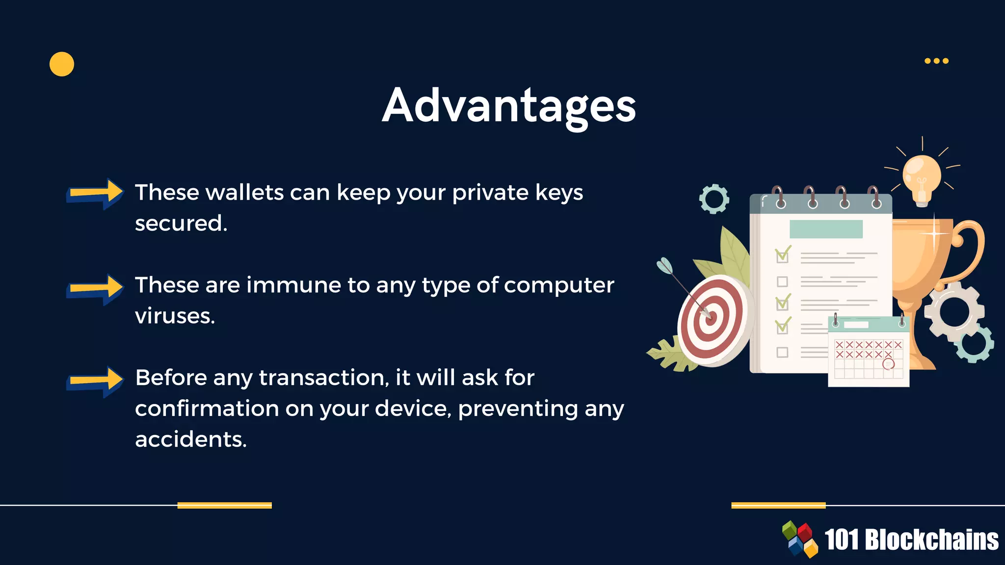 These wallets can keep your private keys
secured.
These are immune to any type of computer
viruses.
Before any transaction, it will ask for
confirmation on your device, preventing any
accidents.
Advantages
 