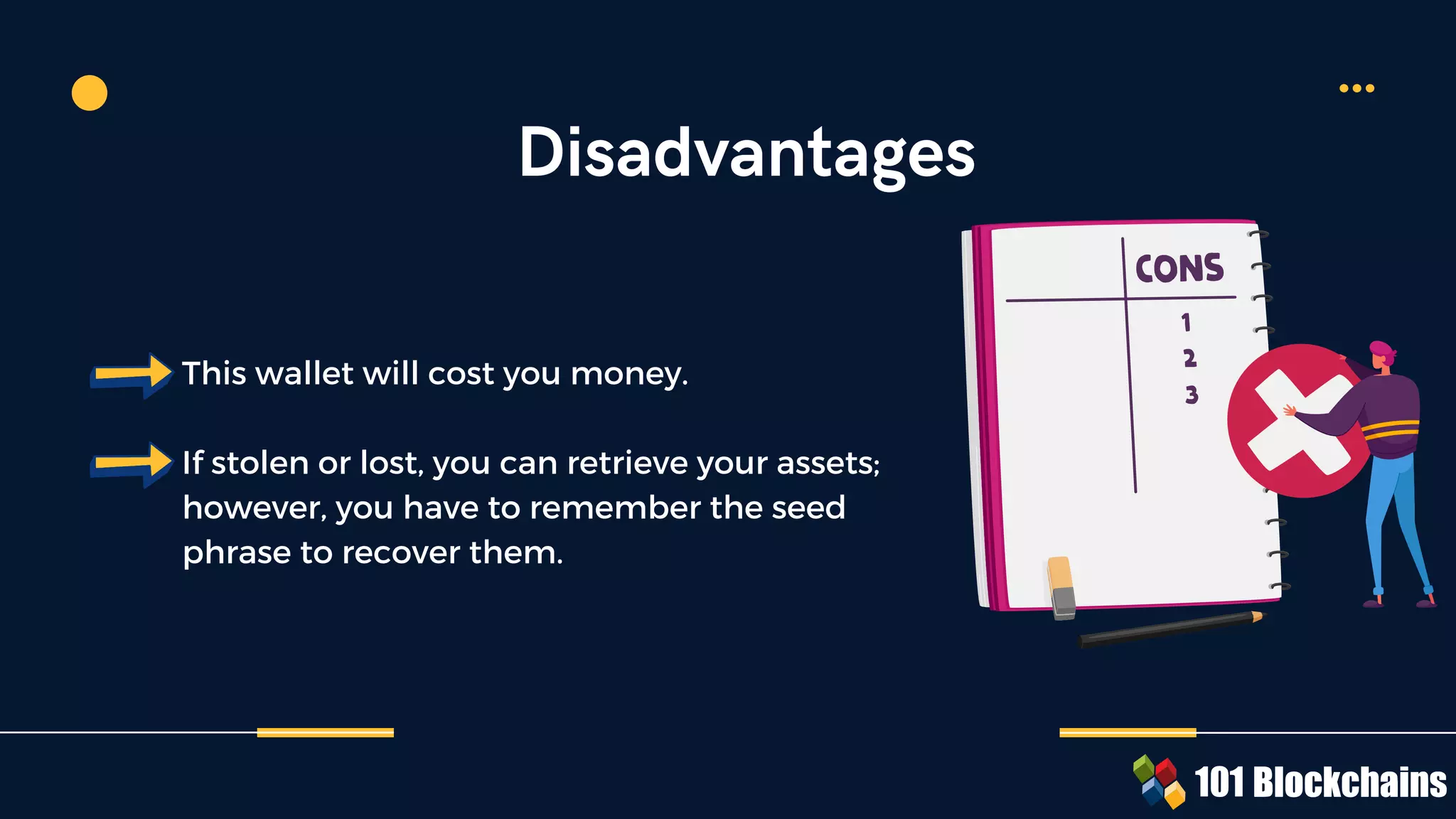 This wallet will cost you money.
If stolen or lost, you can retrieve your assets;
however, you have to remember the seed
phrase to recover them.
Disadvantages
 