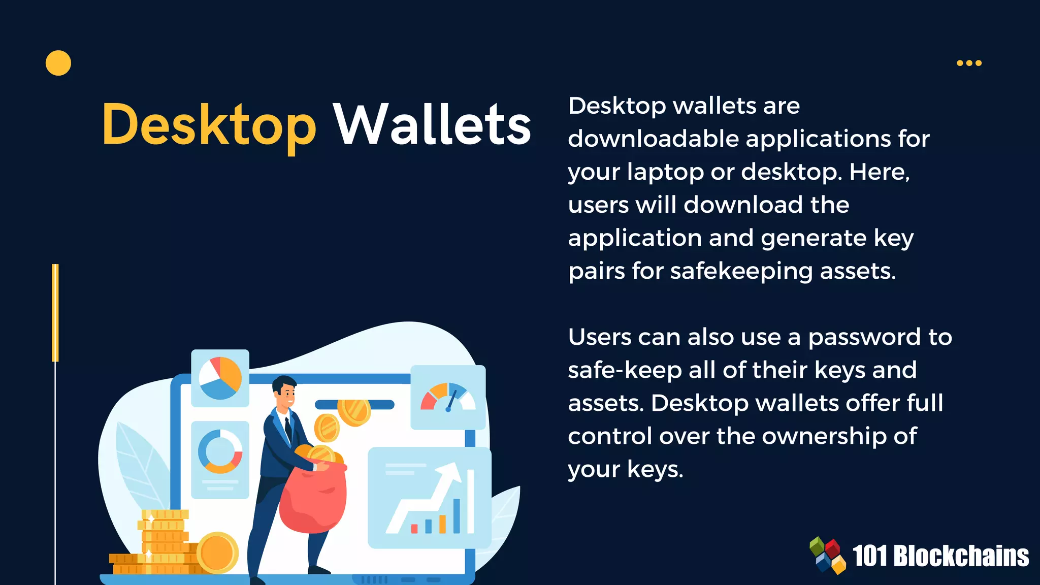 Desktop Wallets Desktop wallets are
downloadable applications for
your laptop or desktop. Here,
users will download the
application and generate key
pairs for safekeeping assets.
Users can also use a password to
safe-keep all of their keys and
assets. Desktop wallets offer full
control over the ownership of
your keys.
 