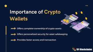 Importance of Crypto
Wallets
Offers complete ownership of crypto assets
Offers personalized security for asset safekeeping
Provides faster access and transaction
 