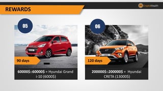 REWARDS
200000$::200000$ = Hyundai
CRETA (13000$)
60000$::60000$ = Hyundai Grand
i-10 (6000$)
05 06
REWARDS
90 days 120 days
 