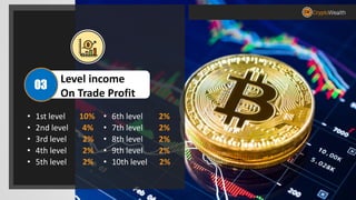 • 1st level 10%
• 2nd level 4%
• 3rd level 2%
• 4th level 2%
• 5th level 2%
Level income
On Trade Profit
03
• 6th level 2%
• 7th level 2%
• 8th level 2%
• 9th level 2%
• 10th level 2%
 