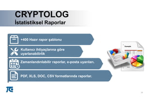 19
A
CRYPTOLOG
İstatistiksel Raporlar
A
Kullanıcı ihtiyaçlarına göre
uyarlanabilirlik
Zamanlandırılabilir raporlar, e-posta uyarıları.
+400 Hazır rapor şablonu
PDF, XLS, DOC, CSV formatlarında raporlar.
 