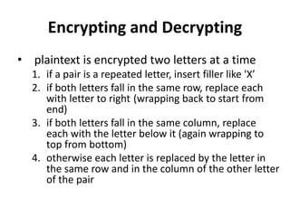Encrypting and Decrypting
• plaintext is encrypted two letters at a time
1. if a pair is a repeated letter, insert filler like 'X’
2. if both letters fall in the same row, replace each
with letter to right (wrapping back to start from
end)
3. if both letters fall in the same column, replace
each with the letter below it (again wrapping to
top from bottom)
4. otherwise each letter is replaced by the letter in
the same row and in the column of the other letter
of the pair
 