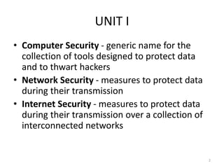 UNIT I
• Computer Security - generic name for the
collection of tools designed to protect data
and to thwart hackers
• Network Security - measures to protect data
during their transmission
• Internet Security - measures to protect data
during their transmission over a collection of
interconnected networks
2
 