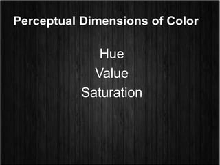 Perceptual Dimensions of Color
Hue
Value
Saturation
 