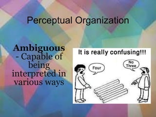 Perceptual Organization
Ambiguous
- Capable of
being
interpreted in
various ways
 