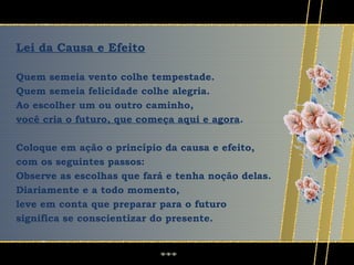 Lei da Causa e Efeito

Quem semeia vento colhe tempestade.
Quem semeia felicidade colhe alegria.
Ao escolher um ou outro caminho,
você cria o futuro, que começa aqui e agora.

Coloque em ação o princípio da causa e efeito,
com os seguintes passos:
Observe as escolhas que fará e tenha noção delas.
Diariamente e a todo momento,
leve em conta que preparar para o futuro
significa se conscientizar do presente.
 