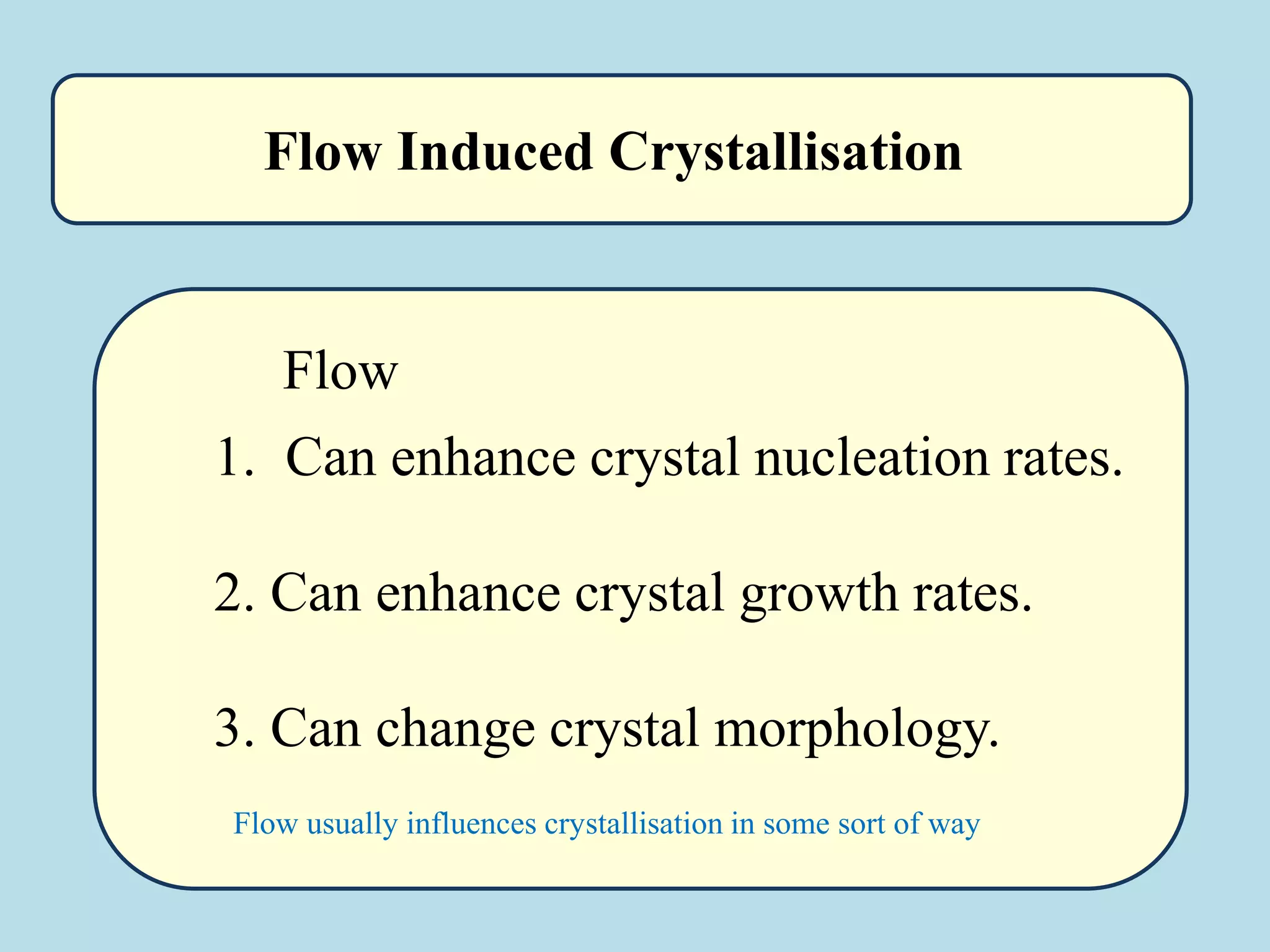 1. Can enhance crystal nucleation rates.
2. Can enhance crystal growth rates.
3. Can change crystal morphology.
Flow Induced Crystallisation
Flow usually influences crystallisation in some sort of way
Flow
 