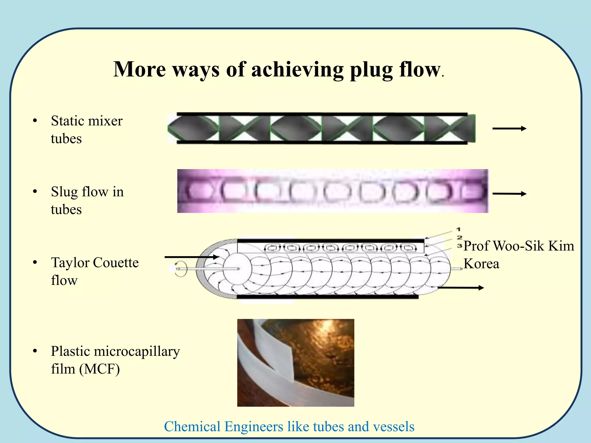 18
More ways of achieving plug flow.
• Static mixer
tubes
• Slug flow in
tubes
• Taylor Couette
flow
• Plastic microcapillary
film (MCF)
Prof Woo-Sik Kim
Korea
Chemical Engineers like tubes and vessels
 