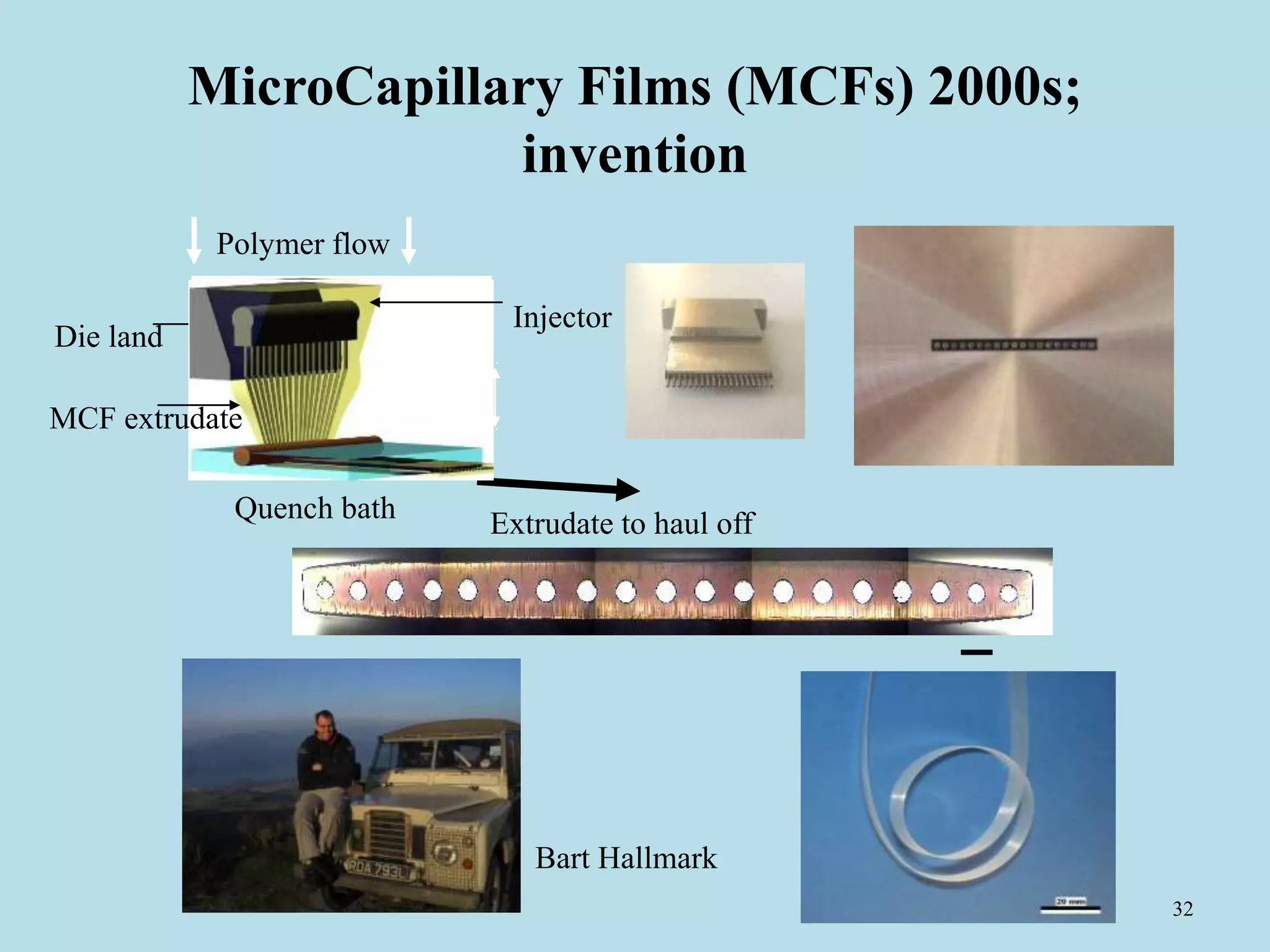 32
MicroCapillary Films (MCFs) 2000s;
invention
Die land
Polymer flow
Quench bath Extrudate to haul off
Injector
MCF extrudate
Bart Hallmark
 