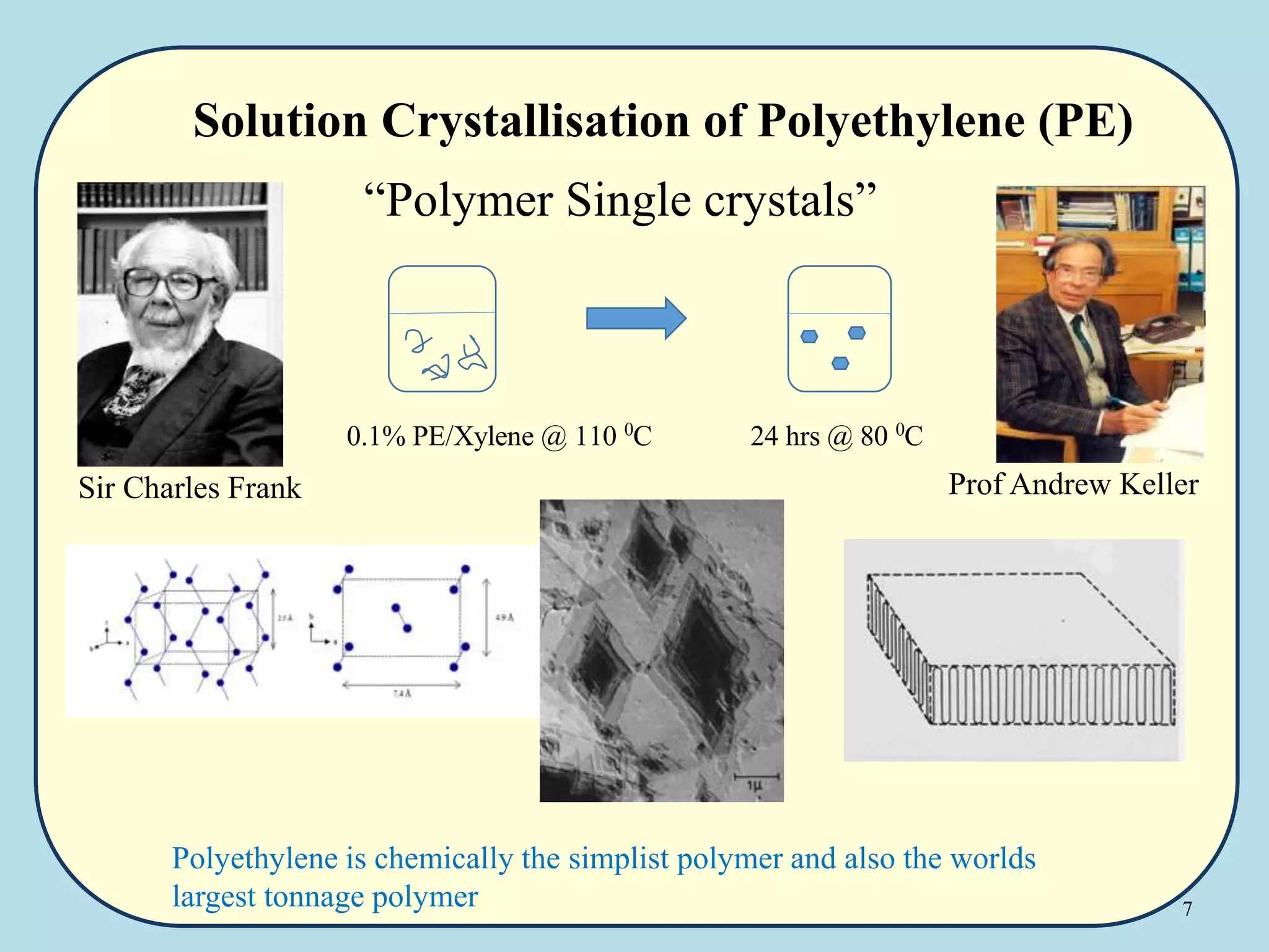 7
Solution Crystallisation of Polyethylene (PE)
Polyethylene is chemically the simplist polymer and also the worlds
largest tonnage polymer
“Polymer Single crystals”
Sir Charles Frank Prof Andrew Keller
0.1% PE/Xylene @ 110 0
C 24 hrs @ 80 0
C
 