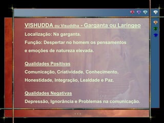 VISHUDDA ou Visuddha - Garganta ou Laríngeo
Localização: Na garganta.
Função: Despertar no homem os pensamentos
e emoções de natureza elevada.

Qualidades Positivas
Comunicação, Criatividade, Conhecimento,
Honestidade, Integração, Lealdade e Paz.

Qualidades Negativas
Depressão, Ignorância e Problemas na comunicação.
 