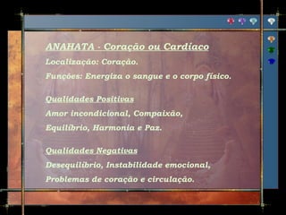 ANAHATA - Coração ou Cardíaco
Localização: Coração.
Funções: Energiza o sangue e o corpo físico.
Qualidades Positivas
Amor incondicional, Compaixão,
Equilíbrio, Harmonia e Paz.
Qualidades Negativas
Desequilíbrio, Instabilidade emocional,
Problemas de coração e circulação.

 