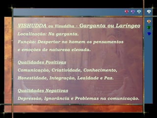 VISHUDDA

ou Visuddha

- Garganta ou Laríngeo

Localização: Na garganta.
Função: Despertar no homem os pensamentos
e emoções de natureza elevada.
Qualidades Positivas
Comunicação, Criatividade, Conhecimento,
Honestidade, Integração, Lealdade e Paz.
Qualidades Negativas
Depressão, Ignorância e Problemas na comunicação.

 
