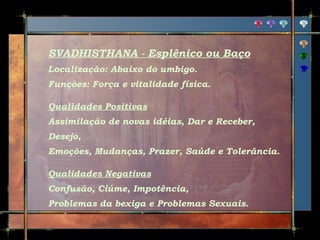 SVADHISTHANA - Esplênico ou Baço
Localização: Abaixo do umbigo.
Funções: Força e vitalidade física.
Qualidades Positivas
Assimilação de novas idéias, Dar e Receber,
Desejo,
Emoções, Mudanças, Prazer, Saúde e Tolerância.
Qualidades Negativas
Confusão, Ciúme, Impotência,
Problemas da bexiga e Problemas Sexuais.

 