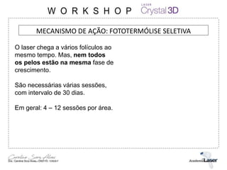 MECANISMO DE AÇÃO: FOTOTERMÓLISE SELETIVA
O laser chega a vários folículos ao
mesmo tempo. Mas, nem todos
os pelos estão na mesma fase de
crescimento.
São necessárias várias sessões,
com intervalo de 30 dias.
Em geral: 4 – 12 sessões por área.
 