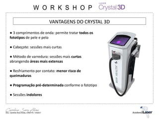 VANTAGENS DO CRYSTAL 3D
● 3 comprimentos de onda: permite tratar todos os
fototipos de pele e pelo
● Cabeçote: sessões mais curtas
● Método de varredura: sessões mais curtas
abrangendo áreas mais extensas
● Resfriamento por contato: menor risco de
queimaduras
● Programação pré-determinada conforme o fototipo
● Sessões indolores
 