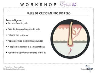 FASES DE CRESCIMENTO DO PELO
Fase telógena:
• Terceira fase do pelo
• Fase de desprendimento do pelo
• Folículo em repouso
• Papila dérmica e pelo desvinculados
• A papila desaparece e o se queratiniza
• Pode durar aproximadamente 4 meses
 
