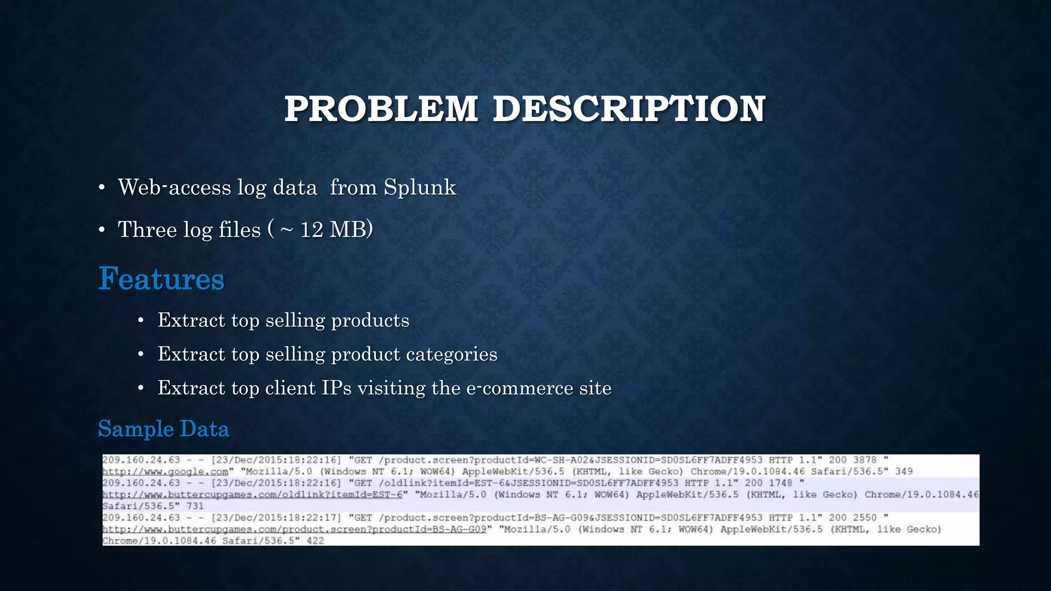 PROBLEM DESCRIPTION
• Web-access log data from Splunk
• Three log files ( ~ 12 MB)
Features
• Extract top selling products
• Extract top selling product categories
• Extract top client IPs visiting the e-commerce site
Sample Data
 
