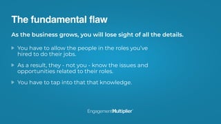 The fundamental flaw
As the business grows, you will lose sight of all the details. 
You have to allow the people in the r...