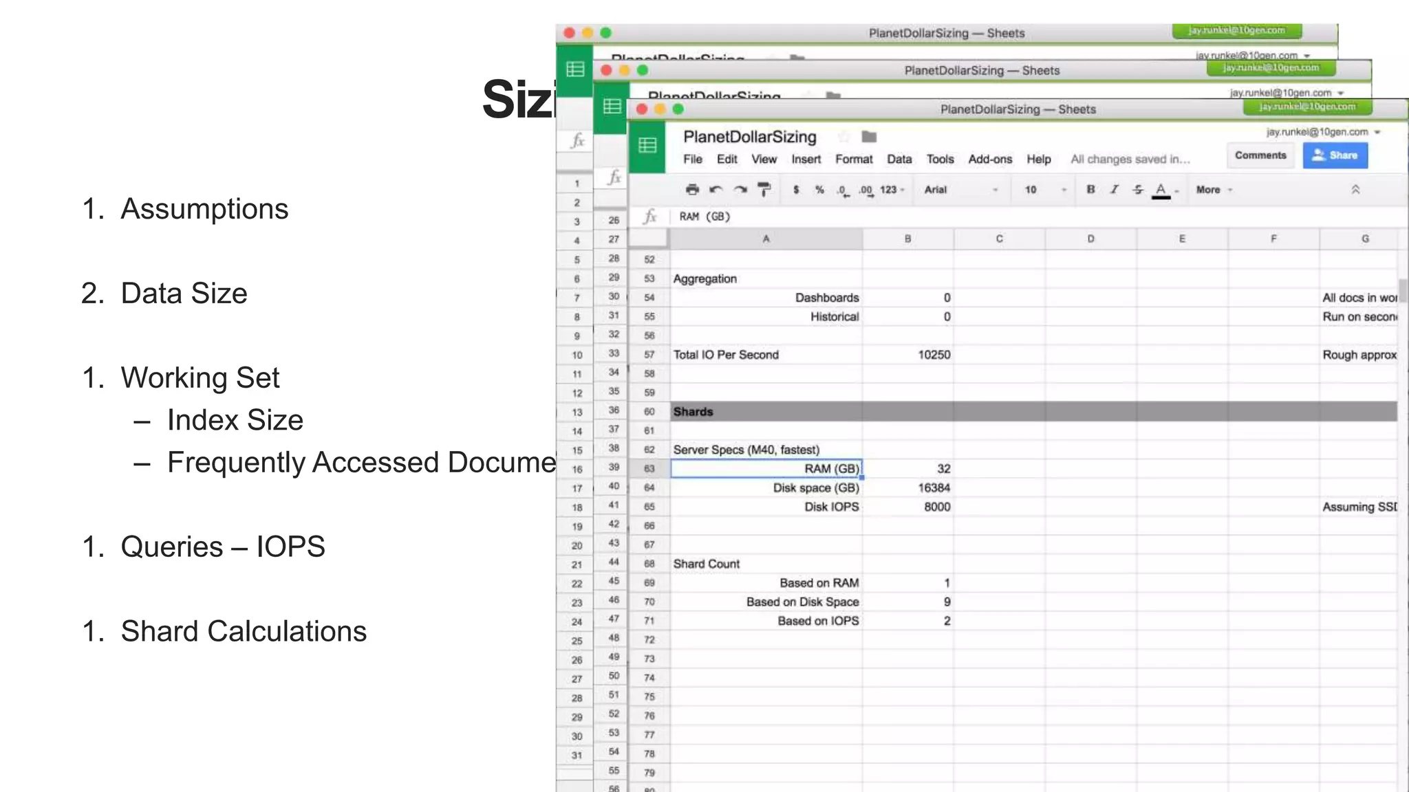 Sizing Spreadsheet
1. Assumptions
2. Data Size
1. Working Set
– Index Size
– Frequently Accessed Documents
1. Queries – IOPS
1. Shard Calculations
 