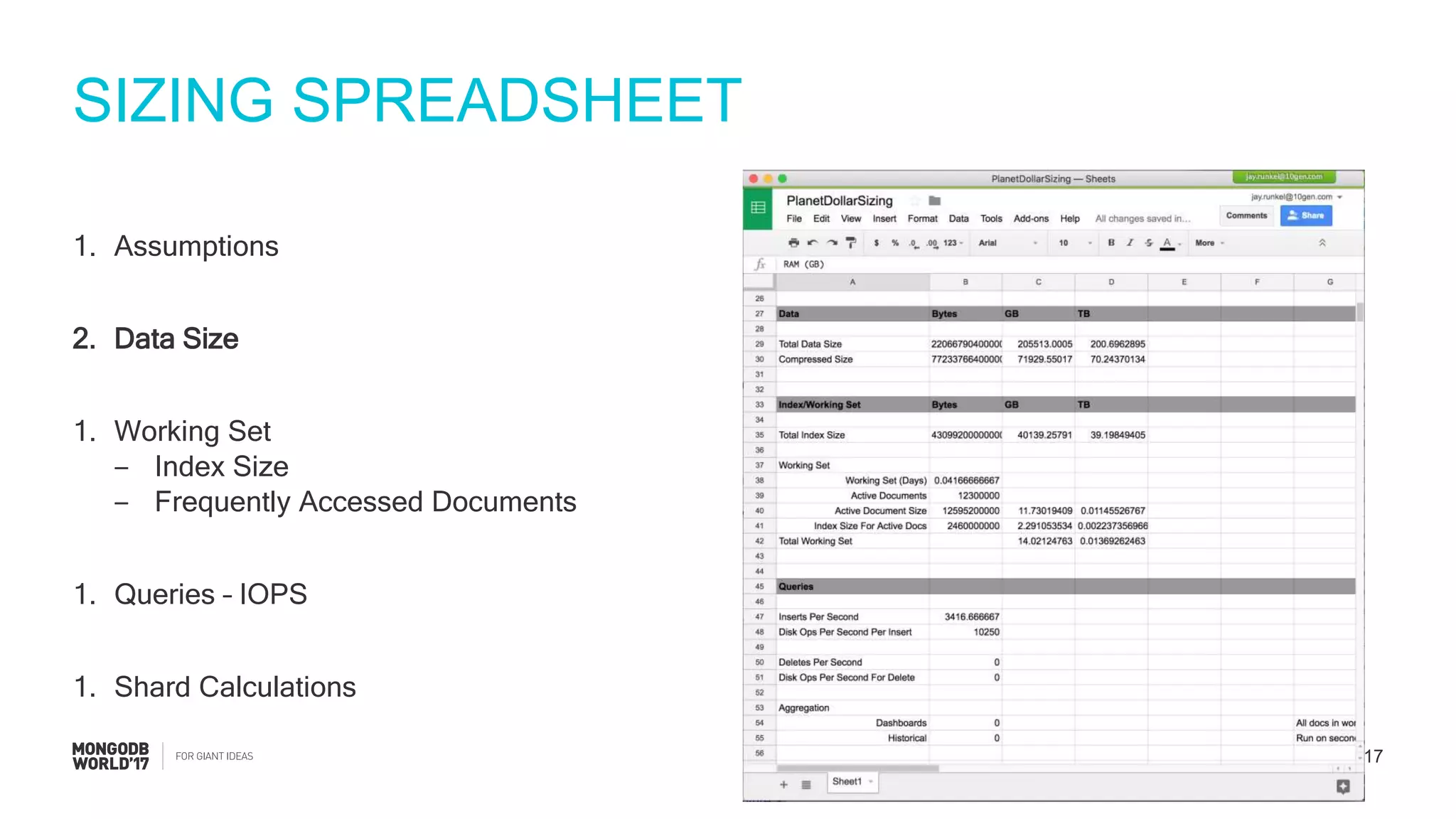 #MDBW17
SIZING SPREADSHEET
1. Assumptions
2. Data Size
1. Working Set
‒ Index Size
‒ Frequently Accessed Documents
1. Queries – IOPS
1. Shard Calculations
 