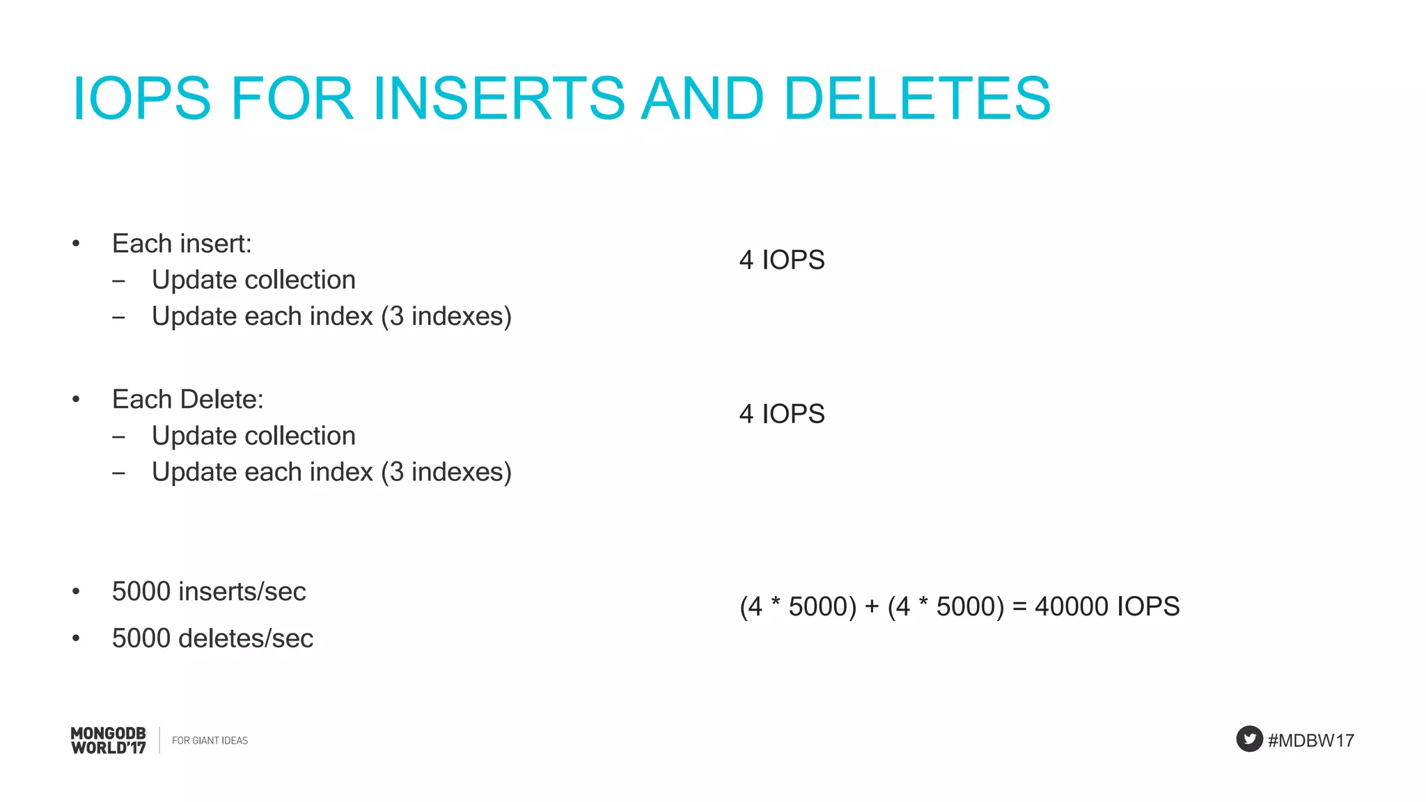 #MDBW17
IOPS FOR INSERTS AND DELETES
• Each insert:
‒ Update collection
‒ Update each index (3 indexes)
• Each Delete:
‒ Update collection
‒ Update each index (3 indexes)
• 5000 inserts/sec
• 5000 deletes/sec
4 IOPS
4 IOPS
(4 * 5000) + (4 * 5000) = 40000 IOPS
 