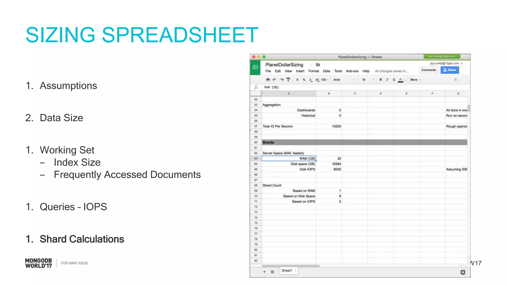 #MDBW17
SIZING SPREADSHEET
1. Assumptions
2. Data Size
1. Working Set
‒ Index Size
‒ Frequently Accessed Documents
1. Queries – IOPS
1. Shard Calculations
 