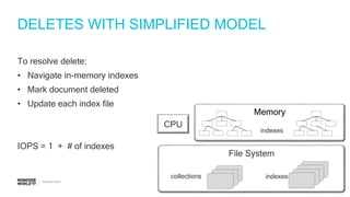 #MDBW17
DELETES WITH SIMPLIFIED MODEL
To resolve delete:
• Navigate in-memory indexes
• Mark document deleted
• Update each index file
IOPS = 1 + # of indexes
File System
collections indexes
CPU
Memory
indexes
 